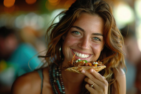 A close-up of a woman happily eating a taco.の素材