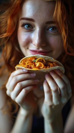 A close-up of a woman holding a plate of food in her hands while eating a taco.の素材