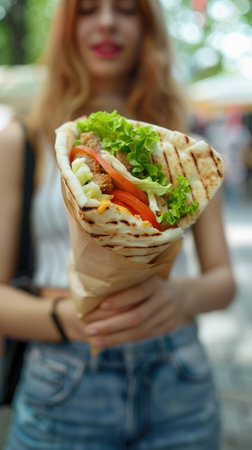 A woman holding a sandwich in her hands, with a street background.の素材