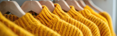 A row of yellow sweaters hanging on a metal rack, with a womans hand reaching out to select one.の素材