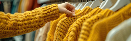 Closeup of a womans hand choosing a yellow sweater from a rack of sweaters in a clothing store.の素材