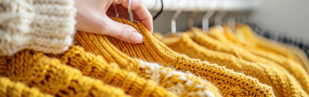Closeup of a womans hand selecting a yellow sweater from a rack of clothes in a fashion store.の素材