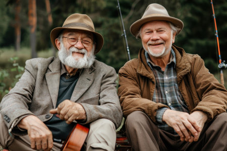 Two older men, one potentially a father and the other his adult son, are seated next to each other on a bench outdoors.の素材