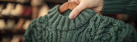 Female hand selecting a green sweater from a hanger.の素材