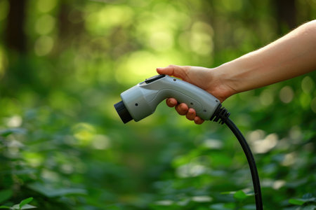 A person is shown holding a hose in their hand, preparing to water plants in a gardenの素材