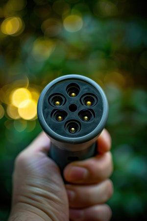 Close up of a person holding an electric car charging cable in their handの素材