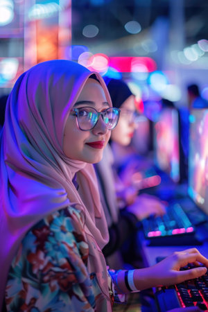 A woman wearing a hijab is focused on using a computerの素材