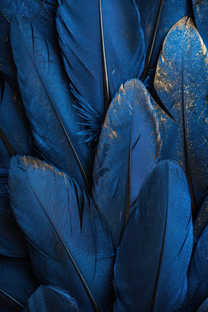 Detailed macro shot of a cluster of navy blue feathers up close, showing intricate details and texturesの素材