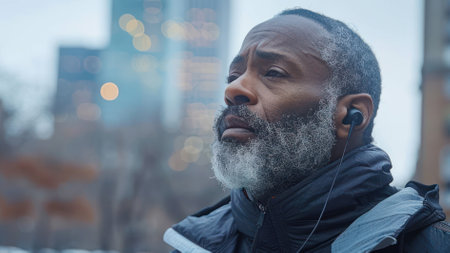 A man in his sixties, African American, with a beard, wearing earphonesの素材