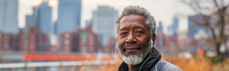 An elderly African American man in his sixties with a beard listening to music through headphones, standing in front of a city skylineの素材