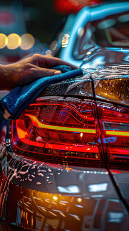 A person meticulously washes a car using a microfiber cloth, focusing on removing dirt and grime from the vehicles surfaceの素材