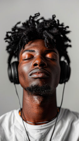 A close-up of a black man wearing headphones and a white shirt, listening to musicの素材