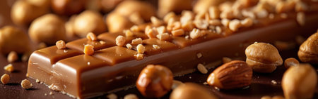A close-up view of a chocolate bar topped with caramel and peanuts, creating a delicious and crunchy treat. Generative AIの素材
