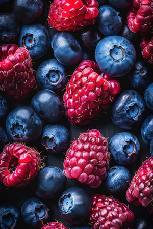 A pile of assorted blueberries and raspberries mixed together, showcasing the vibrant colors of the berries.の素材