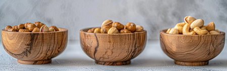 Three wooden bowls displaying an assortment of nuts on a table.の素材
