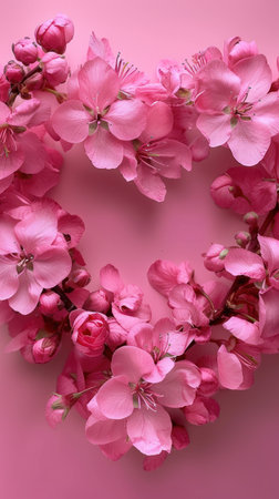 A heart-shaped wreath made of pink flowers set against a soft pink background.の素材