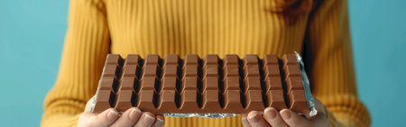 A close-up of a happy young African American woman holding a chocolate bar in her hands.の素材