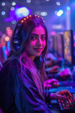 A female Muslim cybersport player with headphones on, focusing on a computer screen in a studio setting.の素材