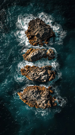 Aerial view of a group of rocks surrounded by crashing waves in the middle of the ocean.の素材