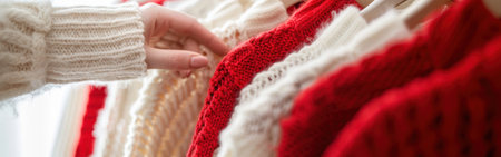 A persons hand reaching out to touch a red and white sweater hanging on a hanger.の素材