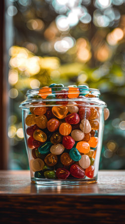 A glass jar overflowing with an array of colorful and tempting candies, showcasing a sweet and indulgent treat. Generative AIの素材