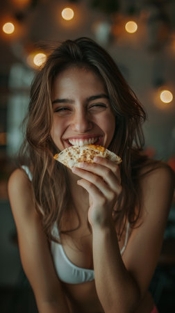 A close-up of a woman joyfully smiling as she eats a slice of pizza.の素材