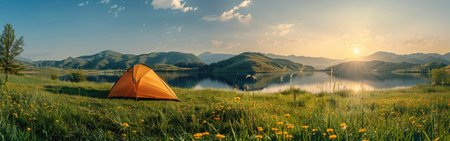 Orange tent pitched in green grass by a calm lake on a sunny day.の素材