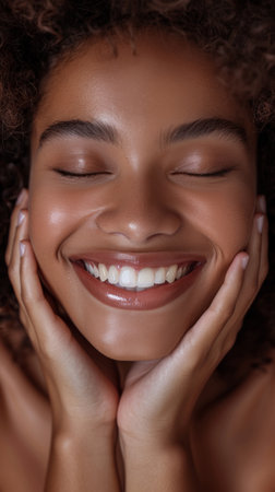 Close-up of a black woman with curly hair smiling and touching her face.の素材