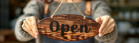Close-up of a persons hands holding a wooden sign that reads open.の素材