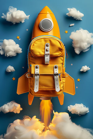 A yellow school backpack is transformed into a rocket, blasting off against a blue sky background, surrounded by fluffy white clouds.. Back to school.の素材