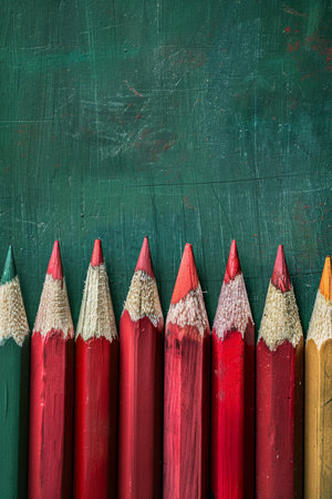 A row of colored pencils, mostly red, stand against a green chalkboard background.. Back to school.の素材