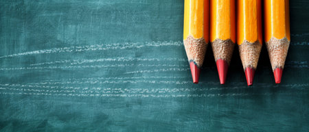 A hand drawn doodle banner with yellow pencils on a green chalkboard background.. Back to school.の素材