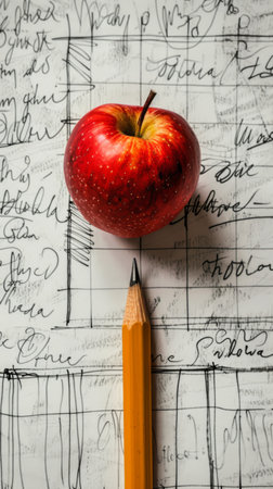 A red apple and a yellow pencil lie on a notebook filled with handwritten school doodles, symbolizing education and knowledge.. Back to school.の素材
