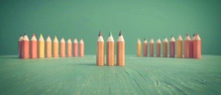 Three colored pencils stand out in front of a row of blurry pencils against a green background.. Back to school.の素材