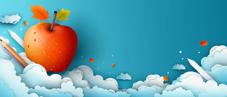 A colorful paper art apple with school supplies, such as pencils, floating in a sky of white clouds. The background is blue.. Back to school.の素材
