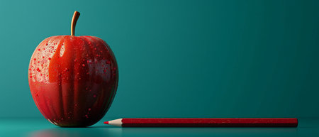 A red apple with water droplets sits on a teal surface next to a red pencil.. Back to school.の素材