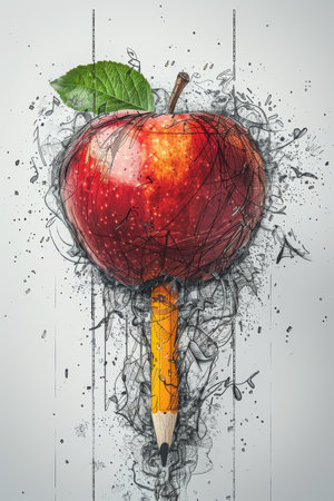 A red apple with a green leaf sits on top of a yellow pencil, surrounded by black and white doodles that resemble school supplies and music notes.. Back to school.の素材