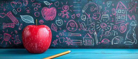 A red apple and a yellow pencil rest on a blue table in front of a chalkboard covered in colorful chalk doodles that represent the back to school season.. Back to school.の素材
