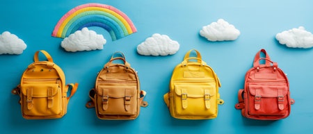 Four colorful backpacks are lined up against a bright blue background with fluffy white clouds and a rainbow above.. Back to school.の素材