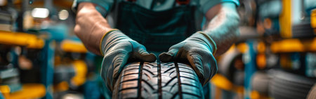 A close-up shot of a mechanics hands wearing gloves as they hold a tire in a garage setting. The tire is the focal point of the image, and the background is blurred.の素材