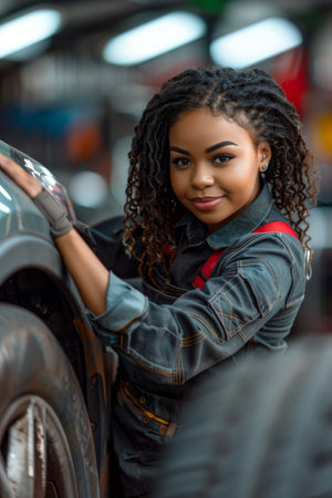 A Black female mechanic works on the tire of a car in a modern garage.の素材