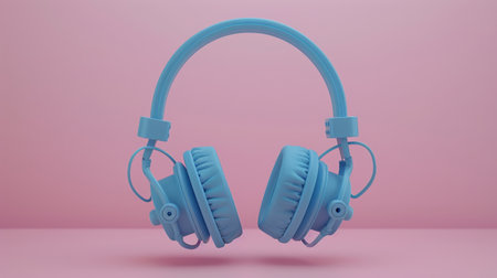A pair of blue headphones floats against a pink background. The headphones are positioned horizontally, with the earcups facing the viewer.の素材