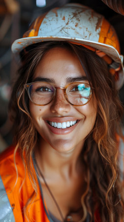 A smiling woman in a hard hat and safety vest looks directly at the camera. She is standing in an industrial setting.の素材