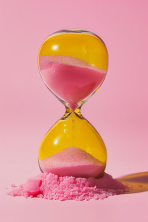 A yellow hourglass with pink sand sits on a pastel pink background. Some of the sand has spilled out of the hourglass, creating a small mound at its base.の素材