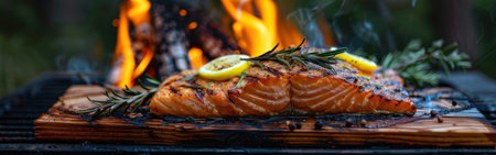 Grilled salmon cooking on a grill with flames in the background.の素材