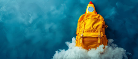 A yellow school backpack with a rocket on top floats on clouds against a blue background, symbolizing the excitement of back to school.. Back to school.の素材
