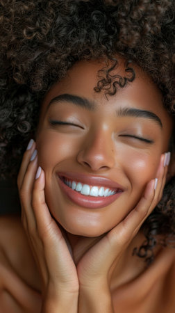 An African American woman smiling with her hands on her face.の素材