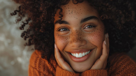 Close up of a black womans smiling face with curly hair.の素材