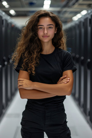 A Hispanic woman, identified as an IT worker, stands in a hallway with her arms crossed, wearing a professional outfit and smiling.の素材