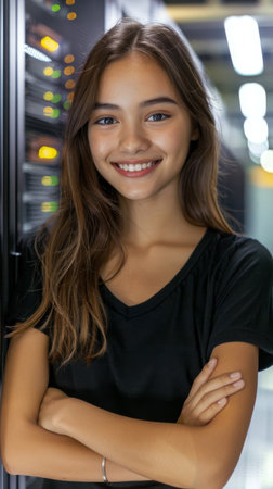 A young Hispanic woman in IT attire stands confidently in front of a server, smiling.の素材